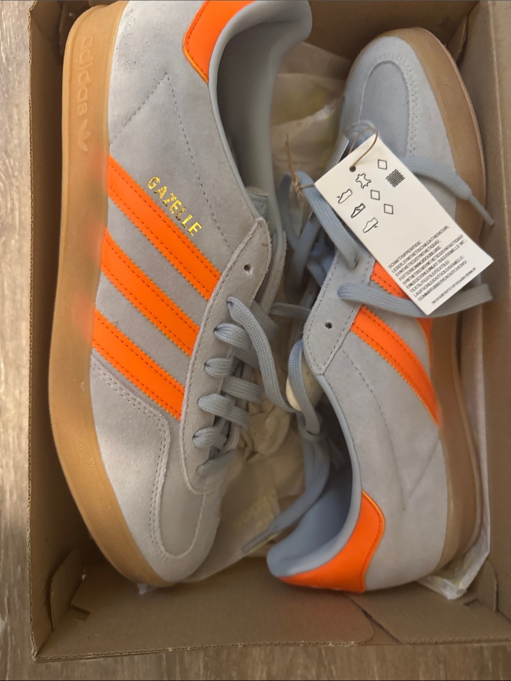 adidas Gazelle Suede Sneakers in Light Gray & Neon Orange